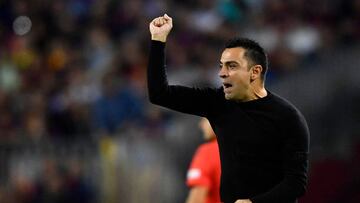 Barcelona's Spanish coach Xavi reacts during the UEFA Champions League 1st round, group C, football match between FC Barcelona and Inter Milan at the Camp Nou stadium in Barcelona on October 12, 2022. (Photo by Pau BARRENA / AFP) (Photo by PAU BARRENA/AFP via Getty Images)