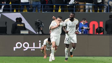 Real Madrid's Spanish defender #02 Dani Carvajal celebrates scoring his team's third goal during the Spanish Super Cup semi-final football match between Real Madrid and Atletico Madrid at the Al-Awwal Park Stadium in Riyadh, on January 10, 2024. (Photo by Giuseppe CACACE / AFP)