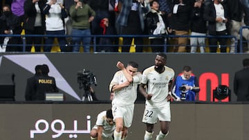 Real Madrid's Spanish defender #02 Dani Carvajal celebrates scoring his team's third goal during the Spanish Super Cup semi-final football match between Real Madrid and Atletico Madrid at the Al-Awwal Park Stadium in Riyadh, on January 10, 2024. (Photo by Giuseppe CACACE / AFP)