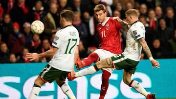 Soccer Football - 2018 World Cup Qualifications - Europe - Denmark v Ireland - Telia Parken, Copenhagen, Denmark - November 11, 2017 Stephen Ward and James McClean of Ireland in action against Nicklas Bendtner of Denmark. Scanpix Denmark/Lars Moeller via 