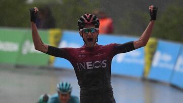 Team Ineos rider Netherlands' Wout Poels (R) celebrates, followed by Astana Pro Team rider Denmark's Jakob Fuglsang (C) and Bora-Hansgrohe rider Germany's Emanuel Buchmann, as he crosses the finish line at the end of the seventh stage of the 71st edition of the Criterium du Dauphine cycling race, 133,5 km between Saint-Genix-les-Villages and Les Sept Laux-Pipay in Les Sept Laux-Pipay on June 15, 2019. (Photo by Anne-Christine POUJOULAT / AFP)