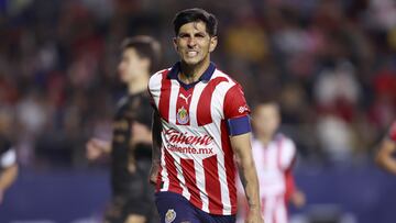    Victor Guzman celebrates his goal 0-2 of Guadalajara during the 5th round match between Atletico San Luis and Guadalajara as part of the Torneo Clausura 2024 Liga BBVA MX at Alfonso Lastras Stadium on February 04, 2024 in San Luis Potosi, Mexico.