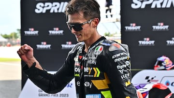 Mooney VR46 Racing's Italian rider Luca Marini reacts after coming third in the Tissot Sprint race during the MotoGP Thailand Grand Prix at the Buriram International Circuit in Buriram on October 28, 2023. (Photo by Lillian SUWANRUMPHA / AFP)