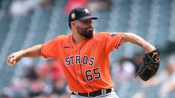 Sep 4, 2022; Anaheim, California, USA; Houston Astros starting pitcher Jose Urquidy (65) throws a pitch against the Los Angeles Angels during the first inning at Angel Stadium. Mandatory Credit: Orlando Ramirez-USA TODAY Sports