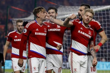 Middlesbrough's Gaston Ramirez celebrates scoring with teammates but he won't feature against Liverpool.