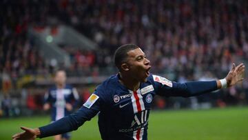Paris Saint-Germain's French forward Kylian Mbappe reacts after scoring a goal during the French League Cup football match between Le Mans FC and Paris Saint-Germain (PSG) on December 18, 2019, at the MMArena in Le Mans, western France. (Photo by