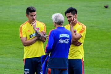 Falcao, James y Pékerman dialogaron gran parte de la práctica en el centro de la cancha. El '10' y el '9' realizaron trabajos de recuperación 