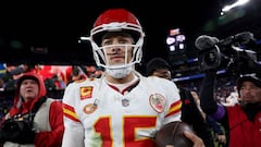 BALTIMORE, MARYLAND - JANUARY 28: Patrick Mahomes #15 of the Kansas City Chiefs reacts after a 17-10 victory against the Baltimore Ravens in the AFC Championship Game at M&T Bank Stadium on January 28, 2024 in Baltimore, Maryland.   Patrick Smith/Getty Images/AFP (Photo by Patrick Smith / GETTY IMAGES NORTH AMERICA / Getty Images via AFP)