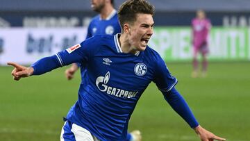 Schalke's US forward Matthew Hoppe celebrates scoring a goal during the German first division Bundesliga football match Schalke 04 v TSG 1899 Hoffenheim in Gelsenkirchen, western Germany, on January 9, 2021. (Photo by Ina Fassbender / various sources