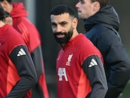 Liverpool's Egyptian striker #11 Mohamed Salah attends a team training session at their training ground in Kirkby, Liverpool, north-west England on December 8, 2025, on the eve of their UEFA Champions League, league phase football match against Inter Milan in Milan. Mohamed Salah plunged his future at Liverpool into serious doubt after claiming he had been made the fall guy for the Premier League champions' disastrous form this season. (Photo by Paul ELLIS / AFP)