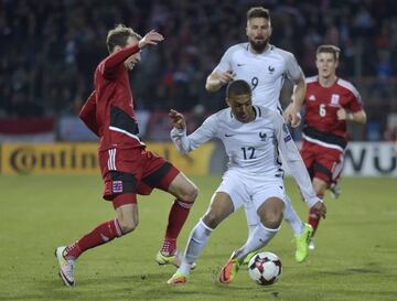 Kylian Mbappé on his debut for France against Luxembourg