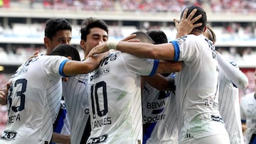 Monterrey's Sergio Canales (C) celebrates with teammates after scoring against Guadalajara during the Mexican Apertura tournament football match at the Akron stadium in Guadalajara, Jalisco state, Mexico on September 3, 2023. (Photo by ULISES RUIZ / AFP)