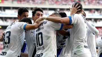 Monterrey's Sergio Canales (C) celebrates with teammates after scoring against Guadalajara during the Mexican Apertura tournament football match at the Akron stadium in Guadalajara, Jalisco state, Mexico on September 3, 2023. (Photo by ULISES RUIZ / AFP)