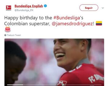 La Bundesliga felicitó a James por su cumpleaños 27. El volante colombiano dejó en su primer año grandes números en la liga alemana. 