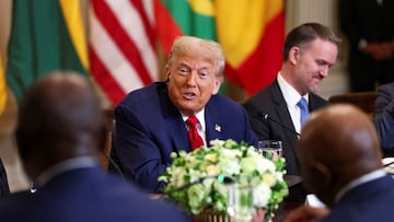 U.S. President Donald Trump hosts a lunch for African leaders of Gabon, Guinea-Bissau, Liberia, Mauritania, and Senegal in the State Dining Room at the White House in Washington, D.C., U.S., July 9, 2025. REUTERS/Kevin Lamarque
