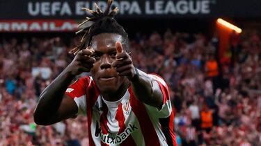 Soccer Football - Europa League - Athletic Bilbao v AZ Alkmaar - San Mames, Bilbao, Spain - October 3, 2024 Athletic Bilbao's Nico Williams celebrates their second goal scored by Athletic Bilbao's Inaki Williams REUTERS/Vincent West
