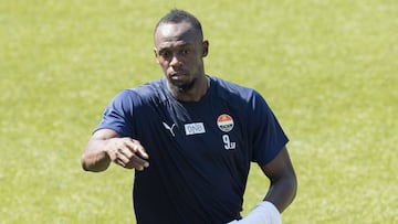 Jaimaica&#039;s former sprinter Usain Bolt takes part in a football training session with the Norwegian football club Stromsgodset at Marienlyst Stadium in Drammen, Norway, on May 30, 2018.