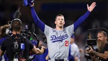 NEW YORK, NEW YORK - OCTOBER 30: Walker Buehler #21 of the Los Angeles Dodgers celebrates after Dodgers defeated the New York Yankees 7-6 in game 5 to win the 2024 World Series at Yankee Stadium on October 30, 2024 in the Bronx borough of New York City. Sarah Stier/Getty Images/AFP (Photo by Sarah Stier / GETTY IMAGES NORTH AMERICA / Getty Images via AFP)