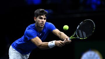FILE PHOTO: Tennis - Laver Cup - Uber Arena, Berlin, Germany - September 22, 2024 Team Europe's Carlos Alcaraz in action during his singles match against Team World's Taylor Fritz REUTERS/Annegret Hilse/File Photo