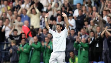 BOLTON, ENGLAND - MAY 15:  Fernando Hierro of Bolton salutes the home supporters after being substituted in his final game before retirement during the Barclays Premiership match between Bolton Wanderers and Everton at the Reebok Stadium on May 15, 2005 i