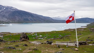 FILE PHOTO: Greenland's flag flies in Igaliku settlement, Greenland, July 5, 2024. Ritzau Scanpix/Ida Marie Odgaard via REUTERS/File Photo ATTENTION EDITORS - THIS IMAGE WAS PROVIDED BY A THIRD PARTY. DENMARK OUT. NO COMMERCIAL OR EDITORIAL SALES IN DENMARK.