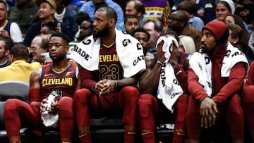 Oct 28, 2017; New Orleans, LA, USA; Cleveland Cavaliers players Dwyane Wade (left) and LeBron James and Jae Crowder and JR Smith (right) watch from the bench during the fourth quarter of a game at the Smoothie King Center. The Pelicans defeated the Cavaliers 123-101.  Mandatory Credit: Derick E. Hingle-USA TODAY Sports