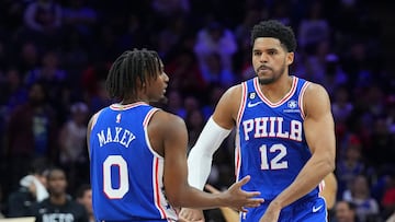 Tyrese Maxey #0 of the Philadelphia 76ers celebrates with Tobias Harris #12 against the Brooklyn Nets in the third quarter during Game Two of the Eastern Conference First Round Playoffs at the Wells Fargo Center on April 17, 2023 in Philadelphia, Pennsylvania. The 76ers defeated the Nets 96-84.