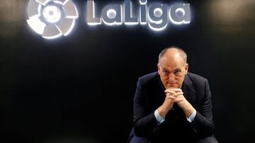 FILE PHOTO: La Liga President Javier Tebas poses before an online interview with Reuters at the La Liga headquarters in Madrid, Spain January 27, 2021. REUTERS/Susana Vera/File Photo