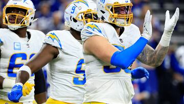 INDIANAPOLIS, INDIANA - DECEMBER 26: Morgan Fox #56 of the Los Angeles Chargers reacts during the game against the Indianapolis Colts at Lucas Oil Stadium on December 26, 2022 in Indianapolis, Indiana.   Justin Casterline/Getty Images/AFP (Photo by Justin Casterline / GETTY IMAGES NORTH AMERICA / Getty Images via AFP)