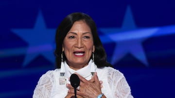 Deb Haaland, Secretary of the Interior speaks on Day 4 of the Democratic National Convention (DNC) at the United Center in Chicago, Illinois, U.S., August 22, 2024. REUTERS/Mike Segar