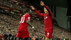Liverpool (United Kingdom), 02/01/2020.- Liverpool&#039;s Sadio Mane (L) celebrates after scoring the second goal with Roberto Firmino (R) during the English Premier League soccer match between Liverpool and Sheffield United at Anfield, Liverpool, Britain