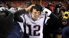 KANSAS CITY, MISSOURI - JANUARY 20: Tom Brady #12 of the New England Patriots reacts after defeating the Kansas City Chiefs in overtime during the AFC Championship Game at Arrowhead Stadium on January 20, 2019 in Kansas City, Missouri. The Patriots defeated the Chiefs 37-31.   Patrick Smith/Getty Images/AFP
 == FOR NEWSPAPERS, INTERNET, TELCOS &amp; TELEVISION USE ONLY ==