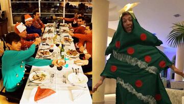 Chris Froome y sus compa&ntilde;eros celebran la cena de Navidad en la concentraci&oacute;n de pretemporada de Mallorca, donde Kristoffer Halvorsen se disfraz&oacute; de &aacute;rbol de Navidad.