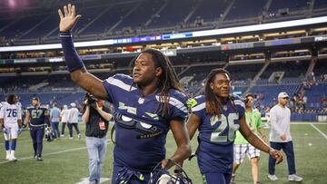 SEATTLE, WA - AUGUST 09: Linebacker Shaquem Griffin #49 (L) and brother Shaquill Griffin #26 of the Seattle Seahawks head off the field after the game against the Indianapolis Colts at CenturyLink Field on August 9, 2018 in Seattle, Washington.   Otto Greule Jr/Getty Images/AFP
 == FOR NEWSPAPERS, INTERNET, TELCOS &amp; TELEVISION USE ONLY ==