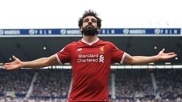 Liverpool&#039;s Egyptian midfielder Mohamed Salah celebrates scoring their second goal during the English Premier League football match between West Bromwich Albion and Liverpool at The Hawthorns stadium in West Bromwich, central England, on April 21, 20