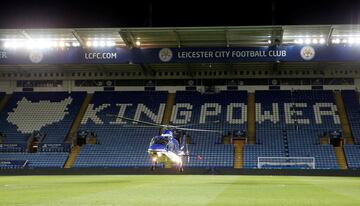 An archive image of Srivaddhanaprabha's helicopter taking off from the King Power Stadium pitch, as it does after every Leicester City home game.