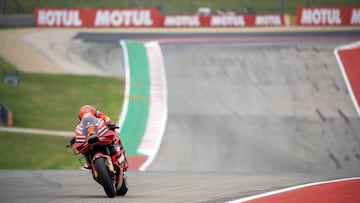 Apr 15, 2023; Austin, TX, USA; Francesco Bagnaia (1) of Italy and Ducati Lenovo Team opens the throttle on the back straightway during MotoGP free practice at Circuit of the Americas. Mandatory Credit: Dustin Safranek-USA TODAY Sports
