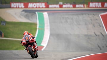 Apr 15, 2023; Austin, TX, USA;  Francesco Bagnaia (1) of Italy and Ducati Lenovo Team opens the throttle on the back straightway during MotoGP free practice at Circuit of the Americas. Mandatory Credit: Dustin Safranek-USA TODAY Sports