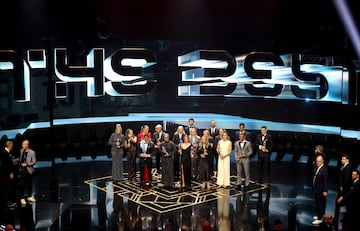 Awards winners on stage at the end of the Best FIFA Football Awards 2023 in London