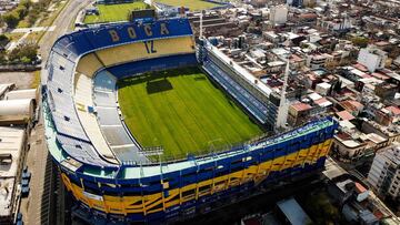 Ariel view of La Bombonera stadium at La Boca neighbourhood in Buenos Aires, on July 9, 2020 amid the new coronavirus pandemic. - Buenos Aires' La Boca neighbourhood has been hit hard by the lack of tourists due to the pandemic. (Photo by Ronaldo SCHEMIDT / AFP)