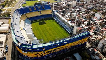 Ariel view of La Bombonera stadium at La Boca neighbourhood in Buenos Aires, on July 9, 2020 amid the new coronavirus pandemic. - Buenos Aires&#039; La Boca neighbourhood has been hit hard by the lack of tourists due to the pandemic. (Photo by Ronaldo SCHEMIDT / AFP)
