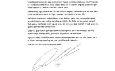 La emotiva carta de Fabián Orellana para despedirse del Celta