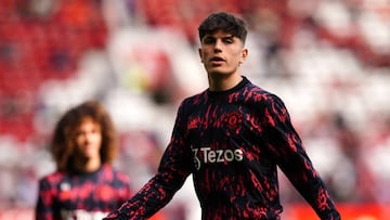 Manchester United's Alejandro Garnacho warming up before the Premier League match at Old Trafford, Manchester. Picture date: Saturday April 16, 2022. (Photo by Martin Rickett/PA Images via Getty Images)