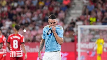 GIRONA, 26/08/2022.- El delantero del Celta de Vigo Iago Aspas celebra el gol durante el partido de la tercera jornada de Liga en Primera División entre el Girona FC - RC Celta, en el estadio municipal de Montilivi. EFE/David Borrat
