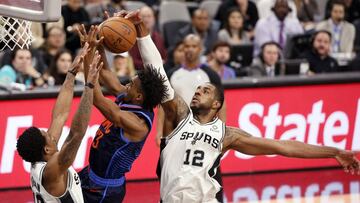 Jan 10, 2019; San Antonio, TX, USA; Oklahoma City Thunder guard Terrance Ferguson (23) has his shot blocked by San Antonio Spurs power forward LaMarcus Aldridge (12) during the second half at AT&amp;T Center. Mandatory Credit: Soobum Im-USA TODAY Sports