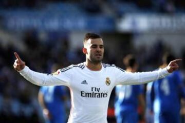 El delantero del Real Madrid Jesé Rodríguez celebra con sus compañeros el gol marcado al Getafe, durante el partido de la vigésimo cuarta jornada de liga de Primera División.