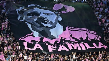 Fans of Inter Miami CF display a large banner during the Leagues Cup Group J football match between Inter Miami CF and Cruz Azul at DRV PNK Stadium in Fort Lauderdale, Florida, on July 21, 2023. (Photo by CHANDAN KHANNA / AFP)