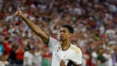 HOUSTON, TEXAS - JULY 26: Jude Bellingham #5 of Real Madrid reacts after scoring a goal in the first half against the Manchester United during the 2023 Soccer Champions Tour match at NRG Stadium on July 26, 2023 in Houston, Texas.   Tim Warner/Getty Images/AFP (Photo by Tim Warner / GETTY IMAGES NORTH AMERICA / Getty Images via AFP)