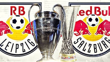 Familiar | logos of RB Leipzig and RB Salzburgo with the Champions League and Europa League trophies.