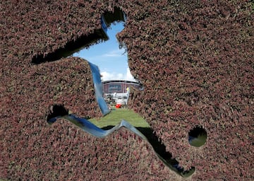 Curiosa imagen de un seto con la figura de un futbolista y al fondo El Kazan Arena, uno de los estadios que albergará la Copa Confederaciones 2017.
